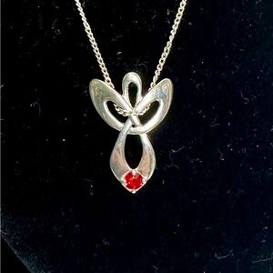 CAROLYN POLLACK Sterling Silver Red Gemstone Angel Pendant Necklace; 19”